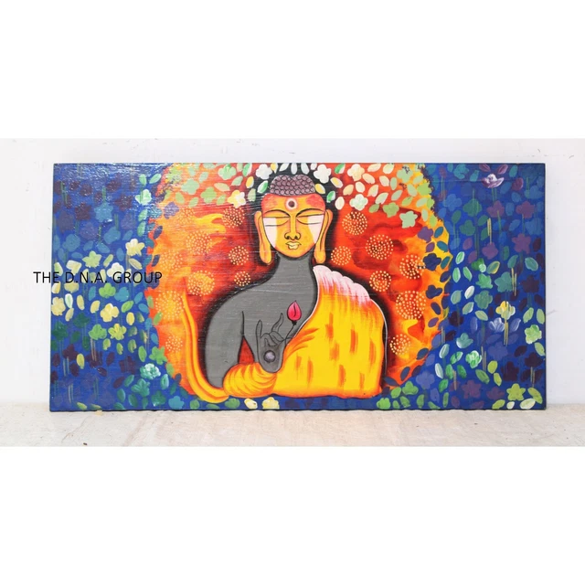 Wooden Hand painted Meditative Buddha Wall Panel Indian best artesian Decor Art