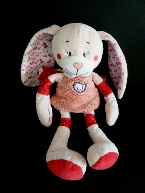 H6- DOUDOU PELUCHE TEX BABY LAPIN CHIEN blanc robe rose fleur oiseau 27cm  BE
