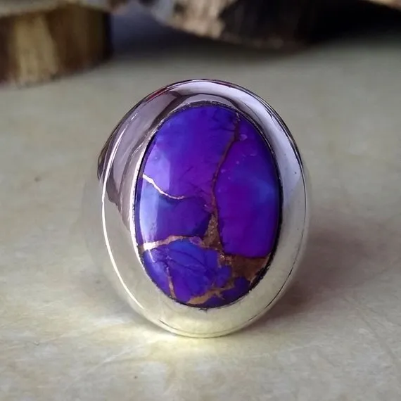 Solid 925 Sterling Silver Natural Purple Turquoise Gemstone Christmas Men's Ring