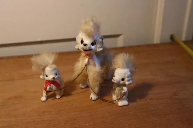 Vintage Kitschy White/Gold  Poodle and Two Pups on Chains Figurines MCM