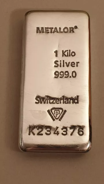 1 Kilo 1kg Silver Bullion Bar Metalor  999.0 fineness + Cert. sn: K234376 (Y26)