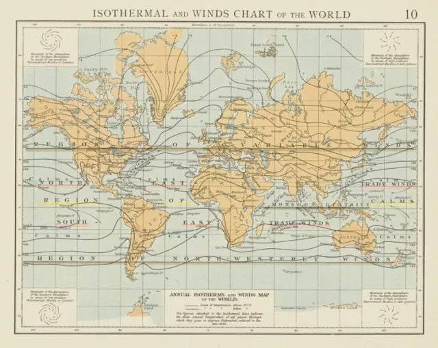 Isothermal and Winds chart of the world. THE TIMES 1900 old antique map