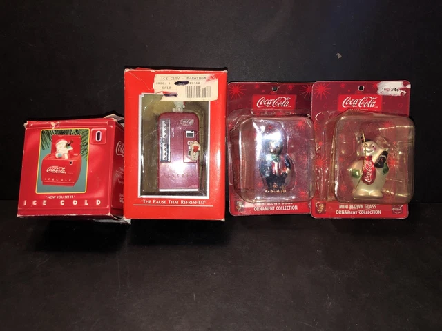 4 Coca Cola Ornaments - Now You See It Pop Up & Vending Machine + 2 Mini Glass 4 Coca Cola Ornaments - Now You See It Pop Up & Vending Machine + 2 Mini Glass