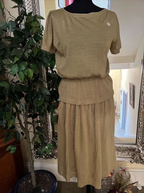 Authentic Christian Dior Gold Vintage Dress Ensemble Top Skirt  80 S
