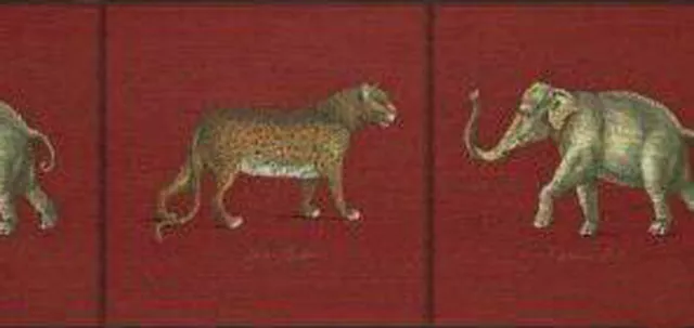 Elephant Cheetah Leopard Animal RAYMOND WAITES Red Wall paper Border 13.5" wide