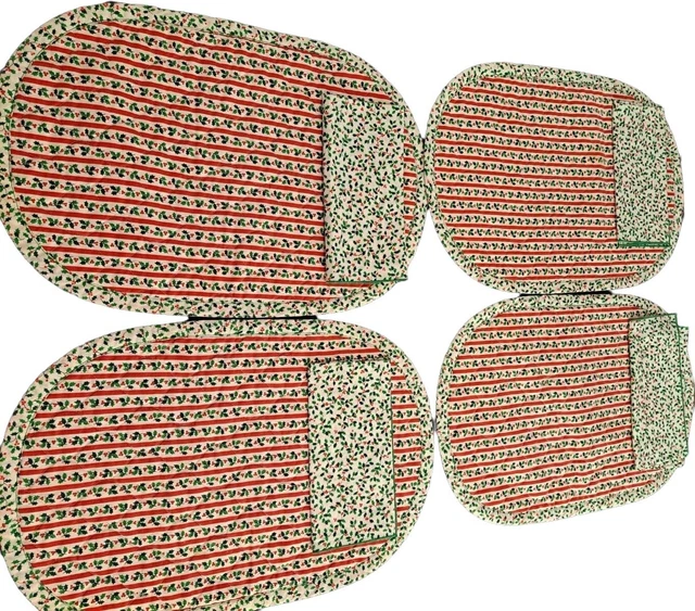 4 CHRISTMAS HOLLY Berry Stripe Quilted Cloth Oval Placemats & Napkins
