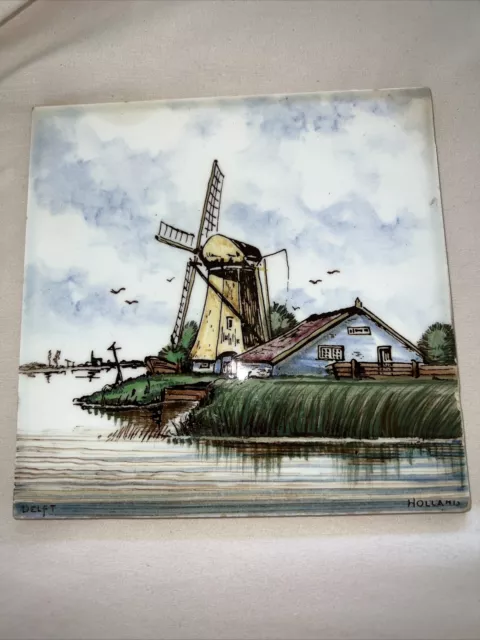 Vintage Delft Holland colorized tile windmill, water, house 6x6"