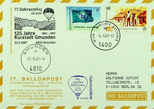 Un Österreich 1987 Kurstadt Gmunden Pro Juventute Balloon Post Ppc W/2v Sich