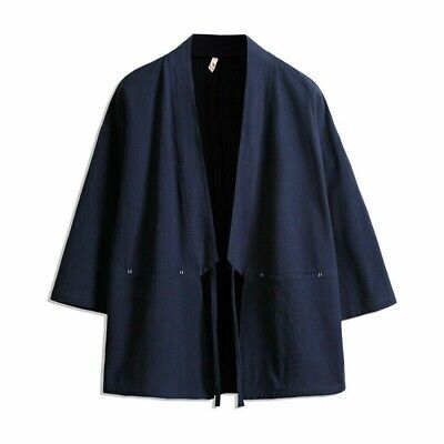 Uomo Kimono Cardigan Giacca Top Cotone 3/4 Manica Ampia Giapponese Costume