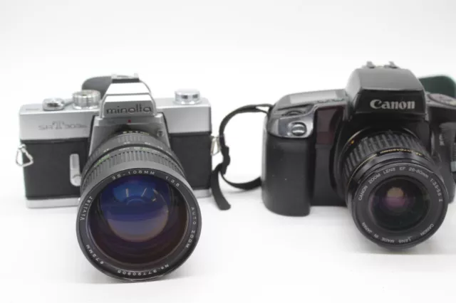 F x2 Vintage SLR Film Cameras inc Minolta SRT303b, Canon EOS100QD etc