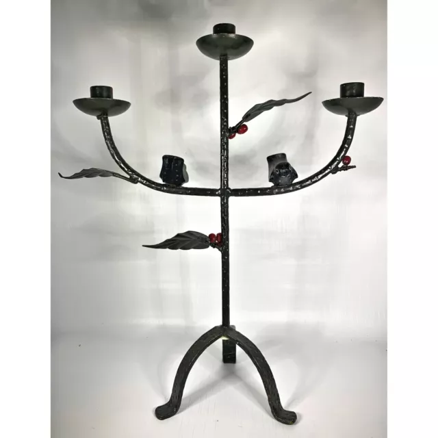 Wrought Iron 18 Inch Primitive Black Bird Raven Candle Holder Candelabra Leaves