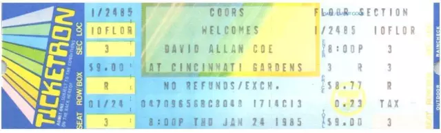 Vintage David Allan Coe Ticket Unused January 24 1985 Cincinnati Ohio
