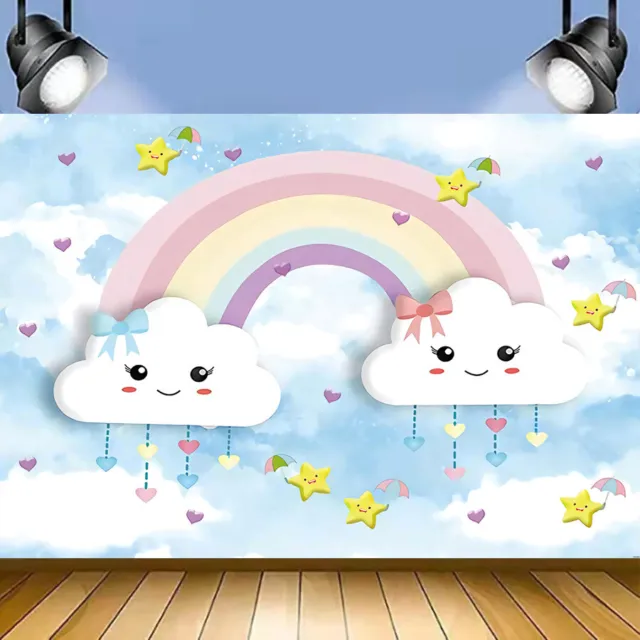 Rainbow White Cloud Sky Baby Shower Birthday Party Banner Backdrop Background