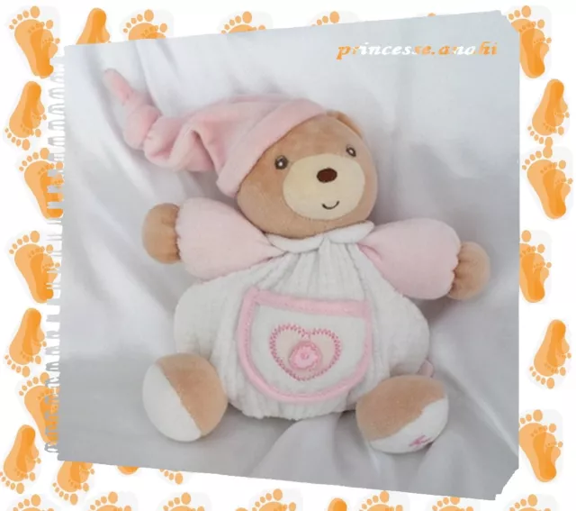 Doudou Peluche Ours Boule Blanc Bonnet Rose Coeur Grelot Kaloo