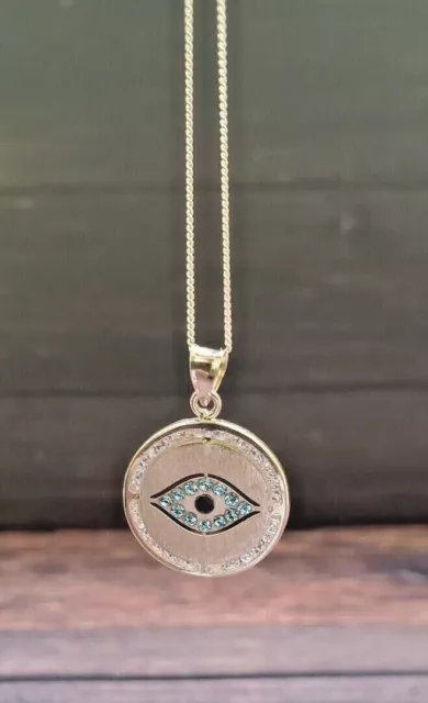 14K Solid Real Yellow Gold Evil Eye Hamsa Pendant Charm with Box Chain