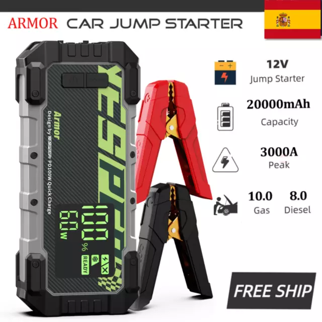 3000A 20000mAh Arrancador de Coche Jump Starter Booster LED Batería Cargador 12V