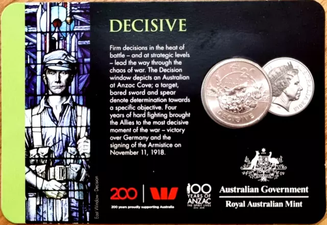 OFFICIAL 2018 DECISIVE ANZAC SPIRIT VALUES CARDED 20c ANZAC DECISIVE COIN