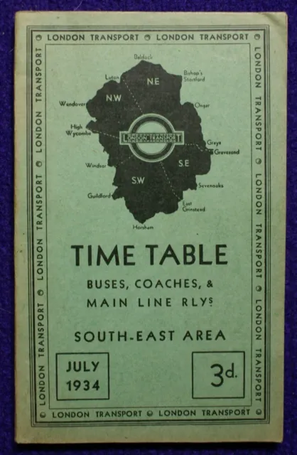 LONDON TRANSPORT TIMETABLE BUSES COACHES MAIN LINE RLYs SOUTH EAST JULY 1934