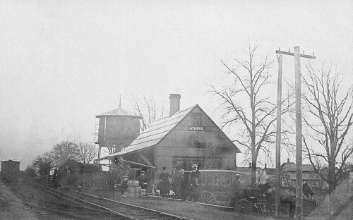 Railroad Train Station Depot Water Tower Athens Michigan MI Reprint Postcard