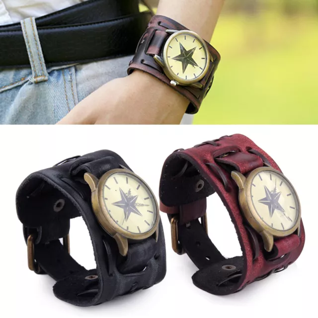 Retro Punk Wrist Strap Watch Wide Leather WristBand Cuff Brand Bracelet Men lp