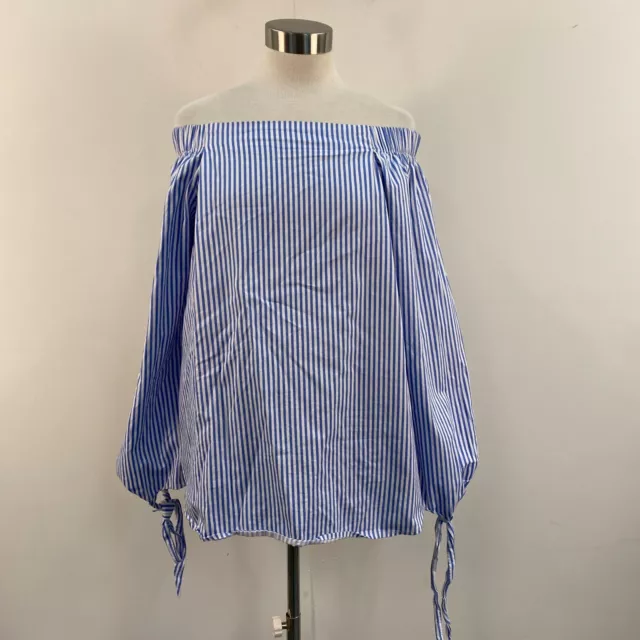 JOA Womens Large Blouse Shirt Top Off Shoulder Pullover Cotton Blue Stripe 7578