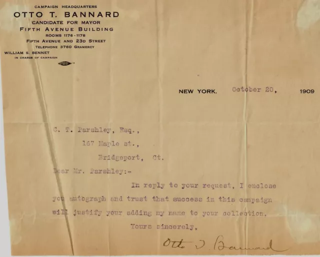 VINTAGE! "Philanthropist" Otto T Bannard Signed TLS Dated 1909