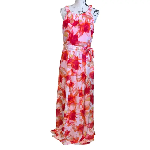 Jessica Howard Womens Dress Pink Floral Size 12 Chiffon Sleeveless Halter Maxi