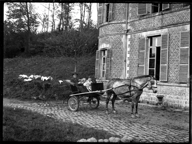 Man & Child Castle Horse Cart - Antique Photo Negative Year 1930