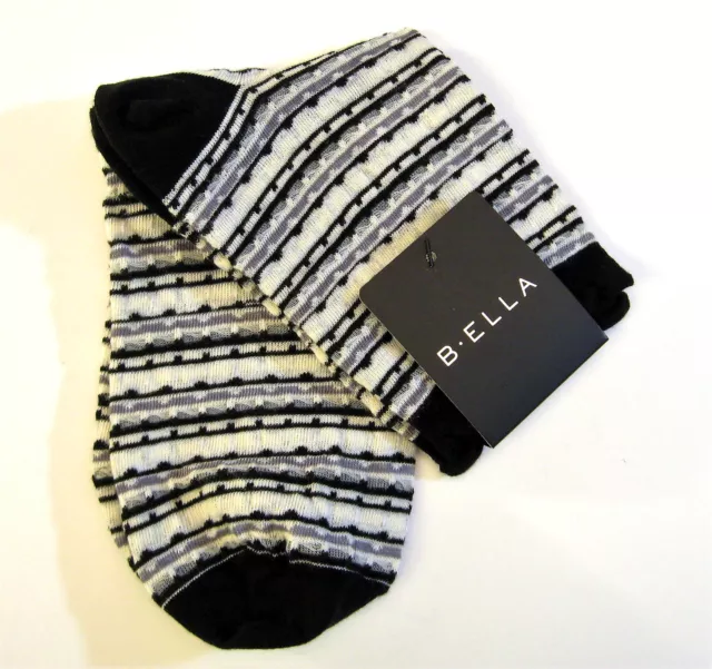 B. Ella Ladies Cotton Blend Crew Socks Linnea Stripe Black Grey White - NEW