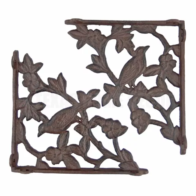 2 Bird Shelf Brackets Flowers Ornate Cast Iron Heavy Duty Antique Style 8.5"