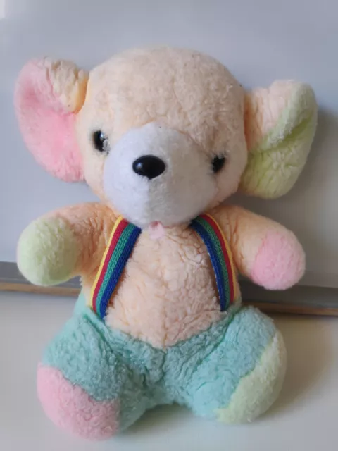 Peluche doudou souris rose vert jaune blanc bretelles 22 cm Nounours vintage