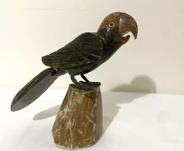 Vintage Hand Carved heavy stone Parrot Bird Sculpture Glass Eyes