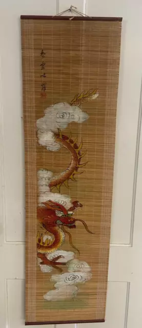 Vintage Bamboo Wall Hanging Scroll Asian Dragon Artwork Clouds Hand painted