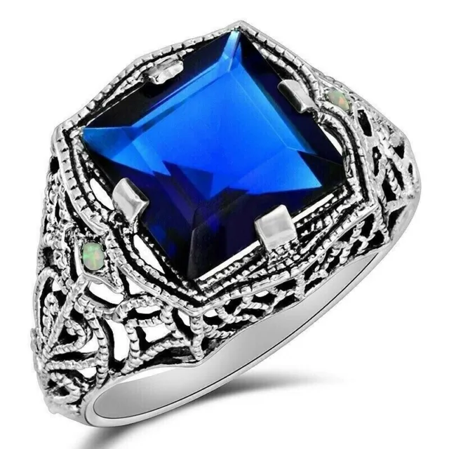 2KT natürlicher blauer Saphir & Opal 925 Sterlingsilber Jugendstil Ring Gr. 7 FB1-7