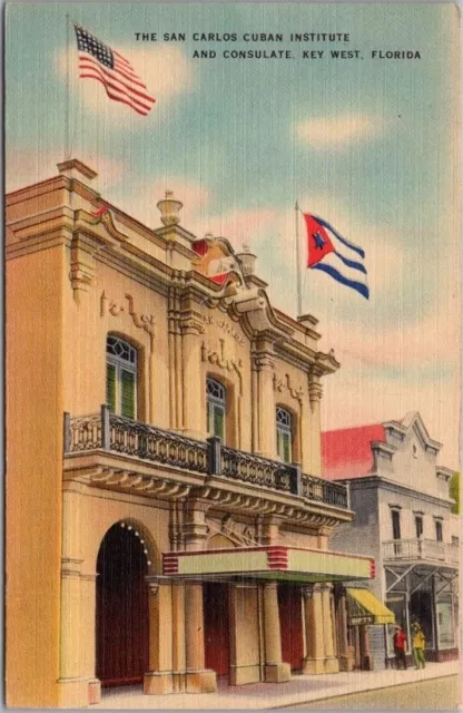 1940s Key West, Florida Postcard "SAN CARLOS CUBAN INSTITUTE & CONSULATE" Linen