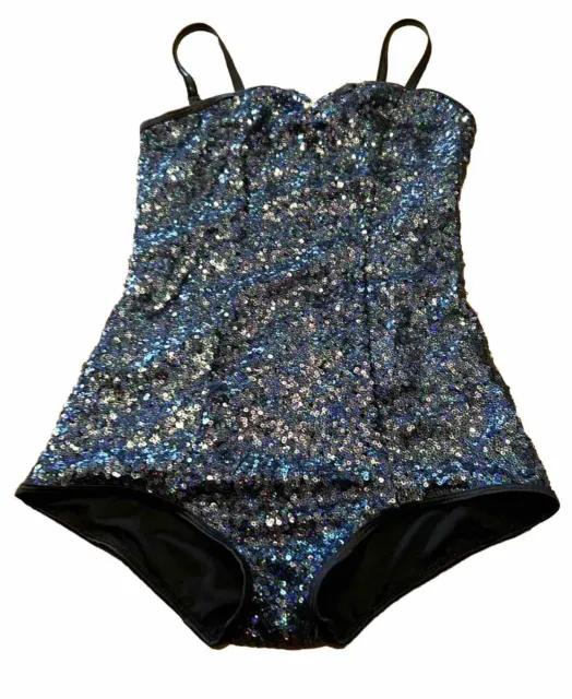 Balera Navy Blue black rainbow sequin leotard Girl LC Large Dance Wear Unitard