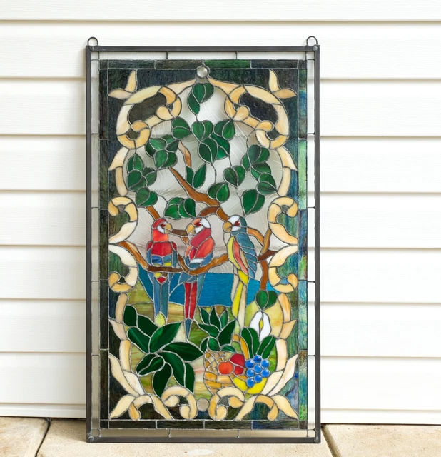 Tiffany Style stained glass window panel Love Bird Two Parrot 20.5" x 34.75"