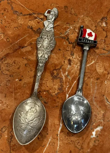 Vintage Wapw Silver Plate Souvenir Spoons Indian Maple Leaf Canada Flag Lot 2