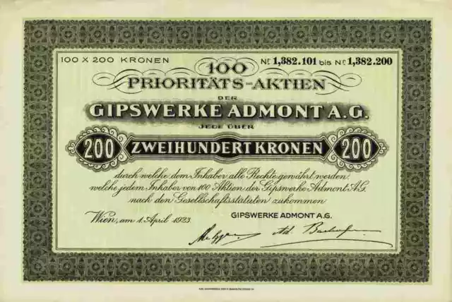 Gipswerke Admont AG 1923 Wien 20.000 Kronen Dividendenscheine unentwertet DEKO