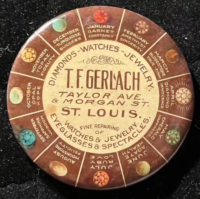 T.E.GERLACH Jewelry St. Louis Celluloid Pocket Mirror Birthstones Advertising