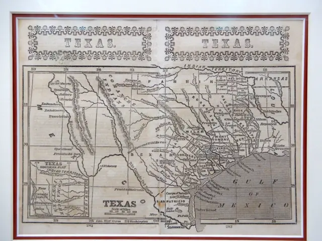 Antique Framed Original 1851 Woodblock Map Of Texas, Phelps, Fanning & Co. W/Coa