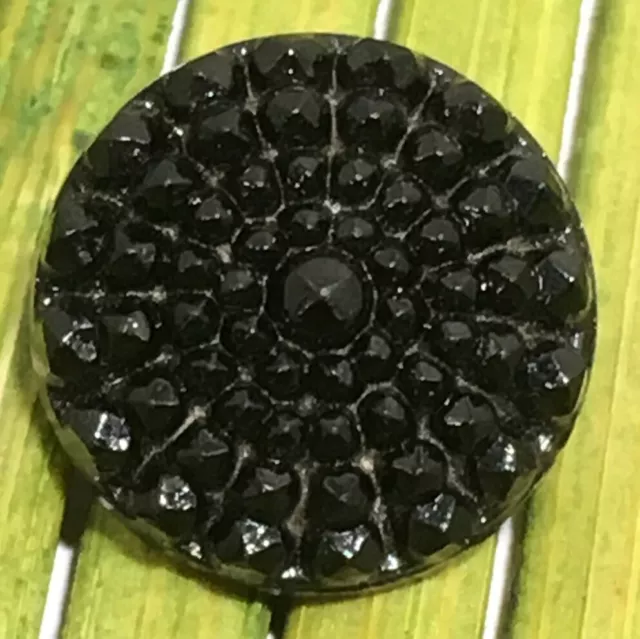 Antique Jet Black Glass Button Lacy Relief Tunnel Shank 9/16"