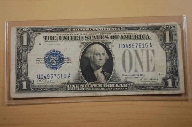 1928 A Blue Seal US Silver Certificate FUNNY BACK $1 Dollar Bill F-1601 Fine Con