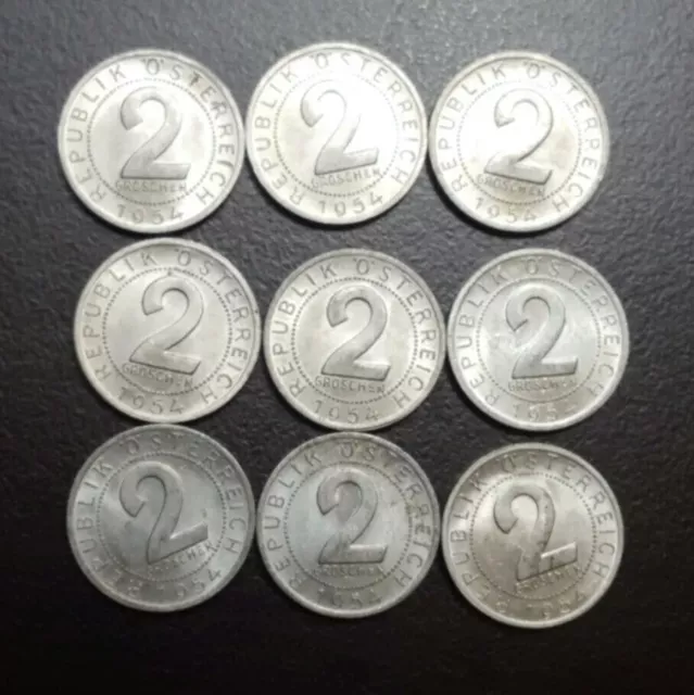 1954 AUSTRIA 2 GROSCHEN lot of 9 XF+ AU KM 2872 ALUMINUM