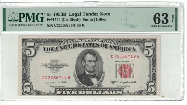 US Banknotes $5 Dollars Bill 1953B Fr# 1534 PMG: 63 EPQ UNC. #PL1503