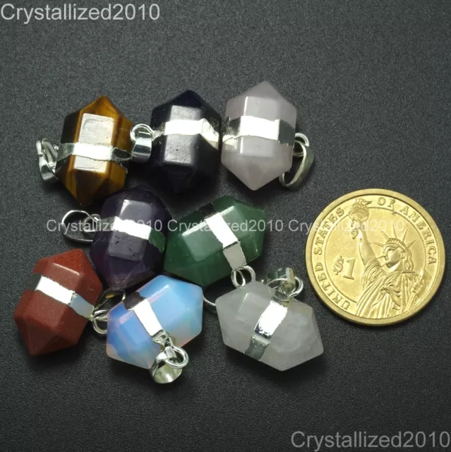 Natural Gemstone Hexagonal Prism Pointed Reiki Chakra Pendant Beads Silver Gold 2