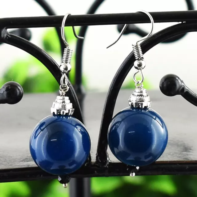Untreated 62 Cts Natural Blue Onyx Round Shape Beads Womens Earrings JK 36E319
