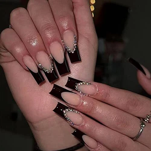 Long Press on Nails French Tip Fake Nails Black Acrylic Nails with French-10