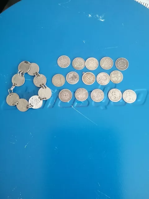 three pence silver victoria and king george coins ,plus 3 pence bracelet