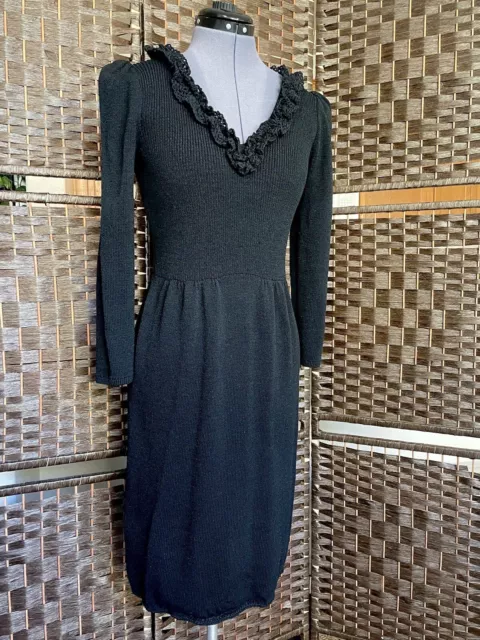 Vintage St. John Black Knit Crochet Ruffle Long Sleeve Dress Knee Length Classic